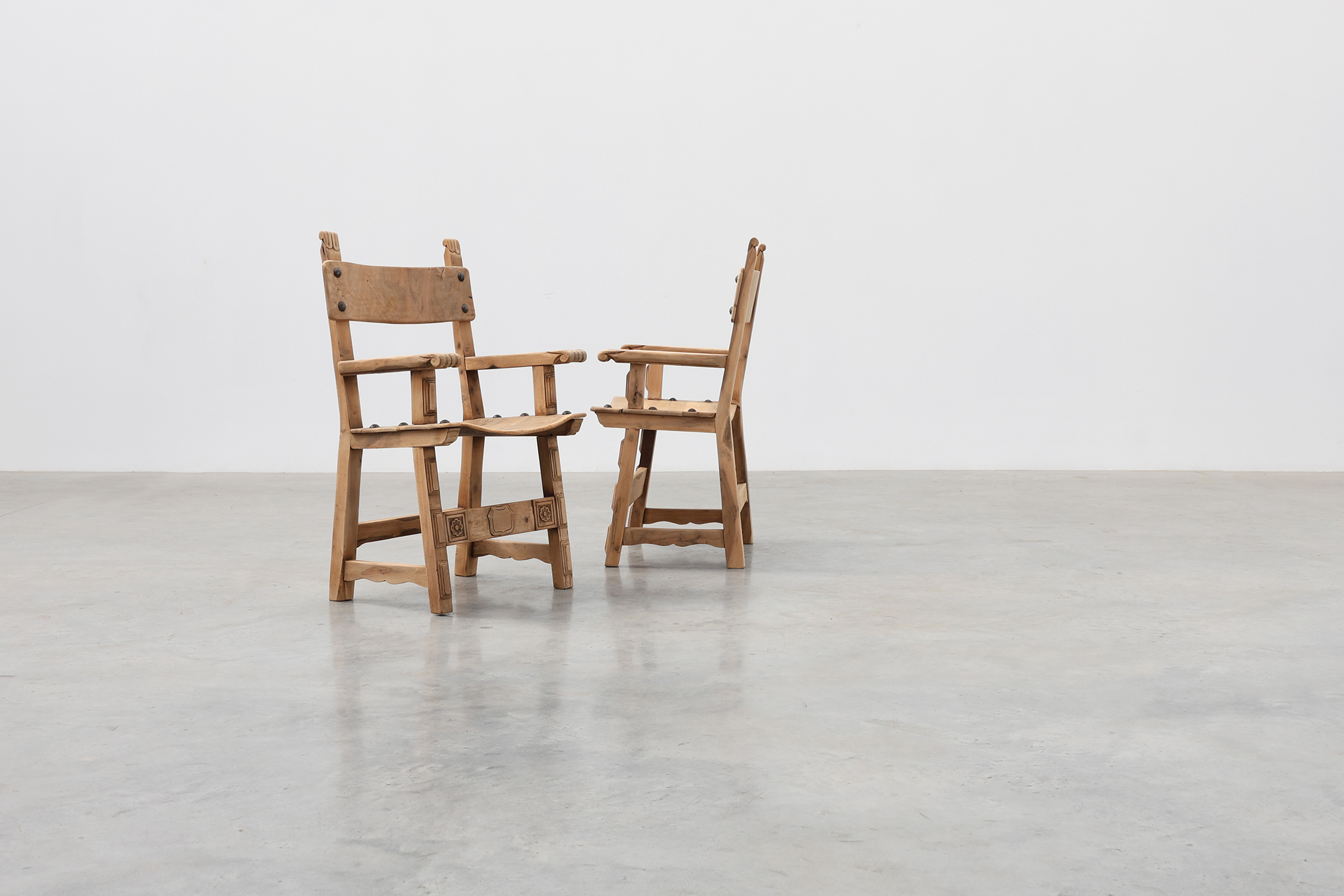 Pair of Brutalist Armchairs with Carved Rosettes and Nailed Wooden Seats, Spain, 20th Centurythumbnail